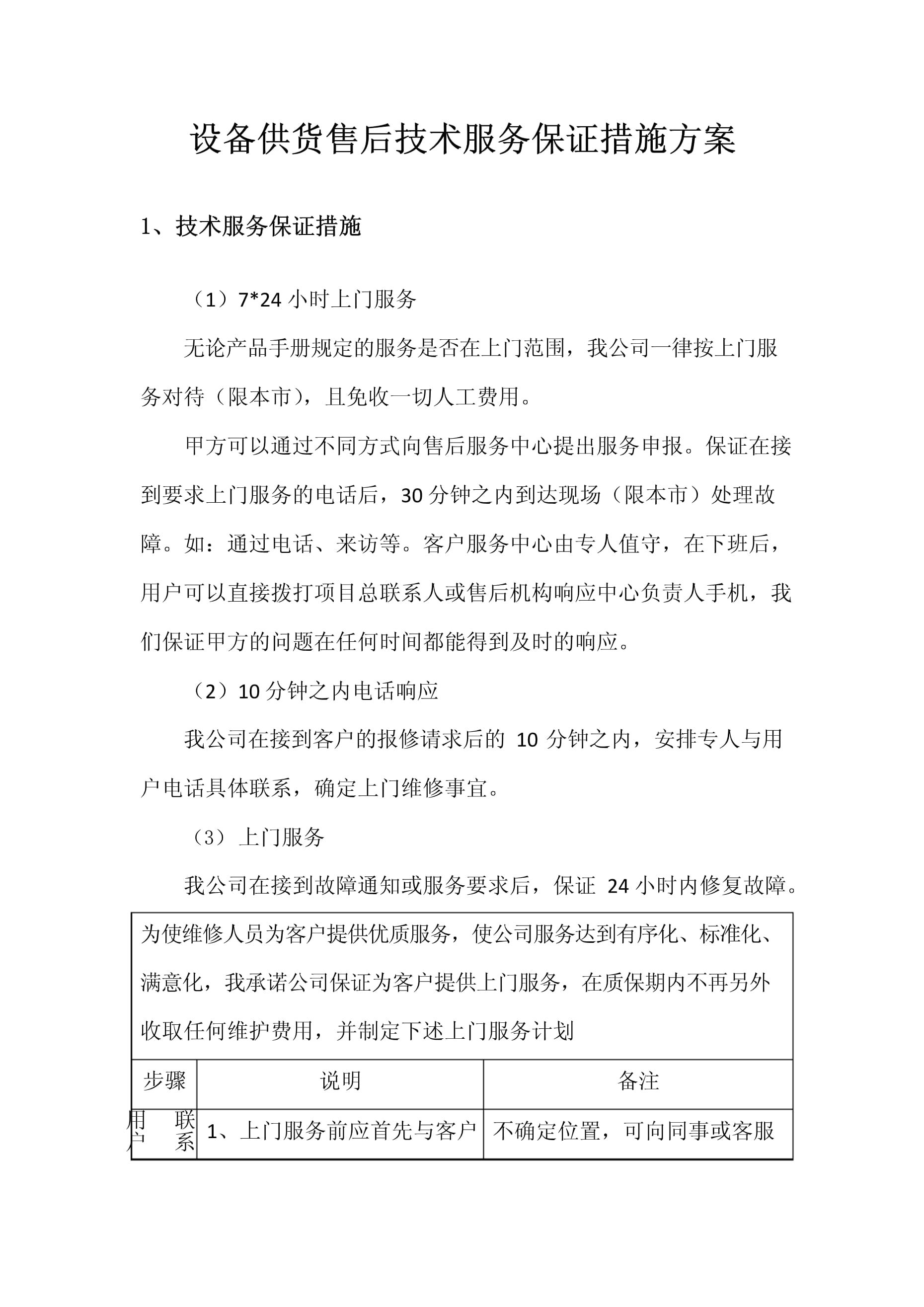 設備供貨售后技術服務保證措施方案